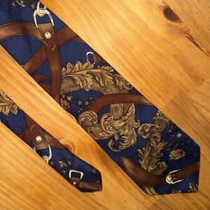 Carriage Cravats Necktie Men Blue Baroque Horse Bit Belt Buckle Silk USA Vintage